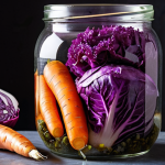 **

A vibrant close-up shot of various colorful vegetables (purple cabbage, carrots, ginger) submerged in a clear brine inside a glass jar. A clean river stone acts as a weight. Bubbles should be visible, indicating active fermentation. The lighting should be bright and natural, highlighting the textures of the vegetables and the clarity of the brine.

**
