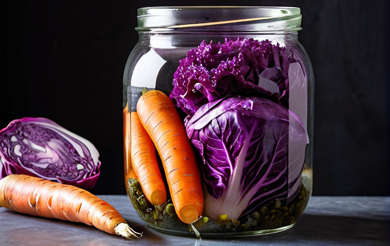 **
A vibrant close-up shot of various colorful vegetables (purple cabbage, carrots, ginger) submerged in a clear brine inside a glass jar. A clean river stone acts as a weight. Bubbles should be visible, indicating active fermentation. The lighting should be bright and natural, highlighting the textures of the vegetables and the clarity of the brine.
**