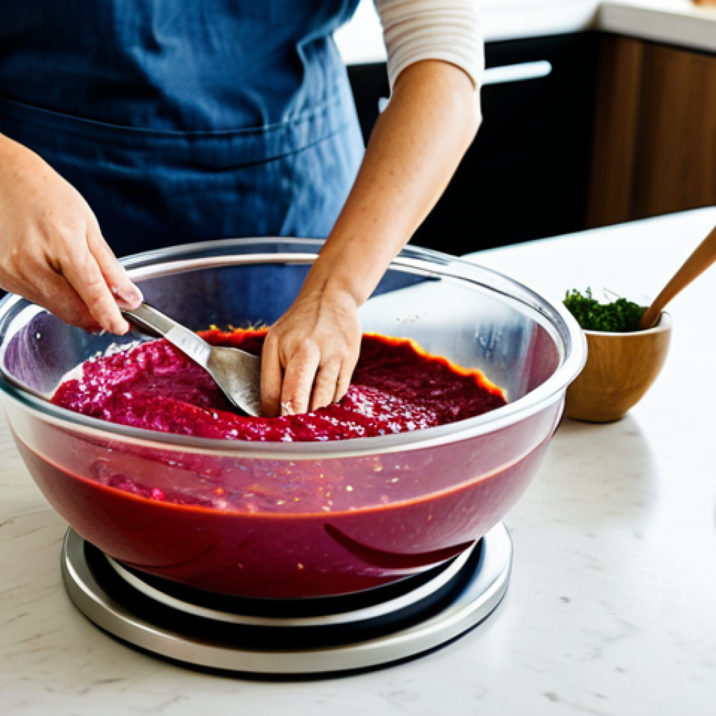 A focused individual, fully clothed in modest, comfortable kitchen attire, gently stirring a vibrant red paste in a large mixing bowl with well-formed hands. They are surrounded by fresh, colorful vegetables like cabbage and carrots. The scene is a pristine, sunlit home kitchen with natural wood accents and clean countertops. Several glass fermentation jars, some showing gentle bubbling, an accurate kitchen scale, and various measuring spoons are neatly arranged nearby. Professional studio photography, natural light, shallow depth of field, high resolution, realistic, perfect anatomy, correct proportions, natural pose, proper finger count, natural body proportions, safe for work, appropriate content, fully clothed, modest, family-friendly.