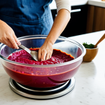 A focused individual, fully clothed in modest, comfortable kitchen attire, gently stirring a vibrant red paste in a large mixing bowl with well-formed hands. They are surrounded by fresh, colorful vegetables like cabbage and carrots. The scene is a pristine, sunlit home kitchen with natural wood accents and clean countertops. Several glass fermentation jars, some showing gentle bubbling, an accurate kitchen scale, and various measuring spoons are neatly arranged nearby. Professional studio photography, natural light, shallow depth of field, high resolution, realistic, perfect anatomy, correct proportions, natural pose, proper finger count, natural body proportions, safe for work, appropriate content, fully clothed, modest, family-friendly.