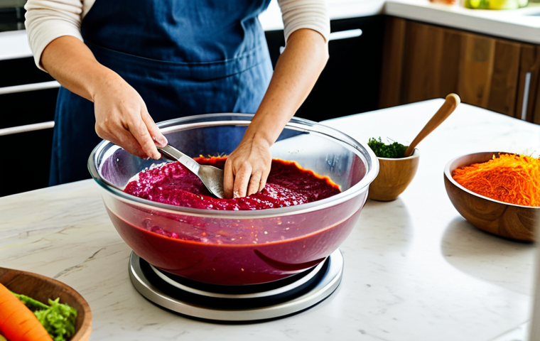 A focused individual, fully clothed in modest, comfortable kitchen attire, gently stirring a vibrant red paste in a large mixing bowl with well-formed hands. They are surrounded by fresh, colorful vegetables like cabbage and carrots. The scene is a pristine, sunlit home kitchen with natural wood accents and clean countertops. Several glass fermentation jars, some showing gentle bubbling, an accurate kitchen scale, and various measuring spoons are neatly arranged nearby. Professional studio photography, natural light, shallow depth of field, high resolution, realistic, perfect anatomy, correct proportions, natural pose, proper finger count, natural body proportions, safe for work, appropriate content, fully clothed, modest, family-friendly.