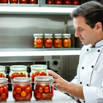 A skilled culinary professional, fully clothed in a modest chef's coat, carefully observes glass fermentation jars filled with vibrant red tomatoes and fresh green herbs. The setting is a pristine, well-lit professional kitchen, bathed in soft, natural light. The jars show subtle signs of activity, with small bubbles rising. The overall scene conveys a sense of patience, expertise, and natural process. Perfect anatomy, correct proportions, natural pose, well-formed hands, proper finger count, natural body proportions. High-quality professional photography, detailed, safe for work, appropriate content, family-friendly.