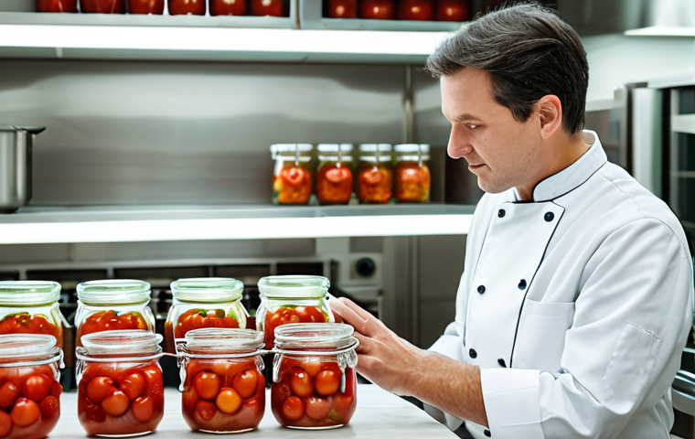 A skilled culinary professional, fully clothed in a modest chef's coat, carefully observes glass fermentation jars filled with vibrant red tomatoes and fresh green herbs. The setting is a pristine, well-lit professional kitchen, bathed in soft, natural light. The jars show subtle signs of activity, with small bubbles rising. The overall scene conveys a sense of patience, expertise, and natural process. Perfect anatomy, correct proportions, natural pose, well-formed hands, proper finger count, natural body proportions. High-quality professional photography, detailed, safe for work, appropriate content, family-friendly.