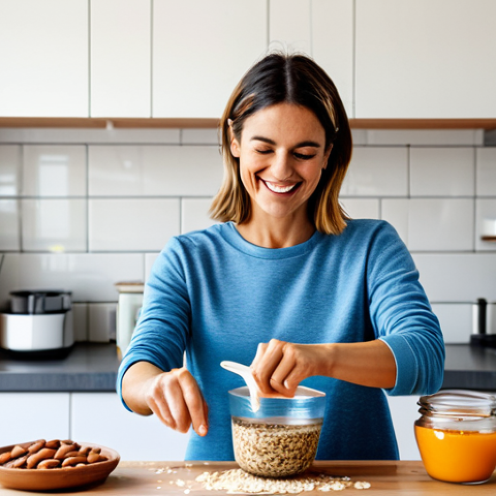 **

"A vibrant photo of a modern Spanish kitchen filled with natural light. A woman, fully clothed in comfortable and stylish athleisure wear, is smiling as she pours a fermented mixture into a mold for energy bars. Ingredients like oats, almonds, and chia seeds are visible.  Safe for work, appropriate content, fully clothed, family-friendly. Perfect anatomy, correct proportions, natural pose, well-formed hands, proper finger count, natural body proportions, professional photography, high quality, bright colors, depth of field."

**