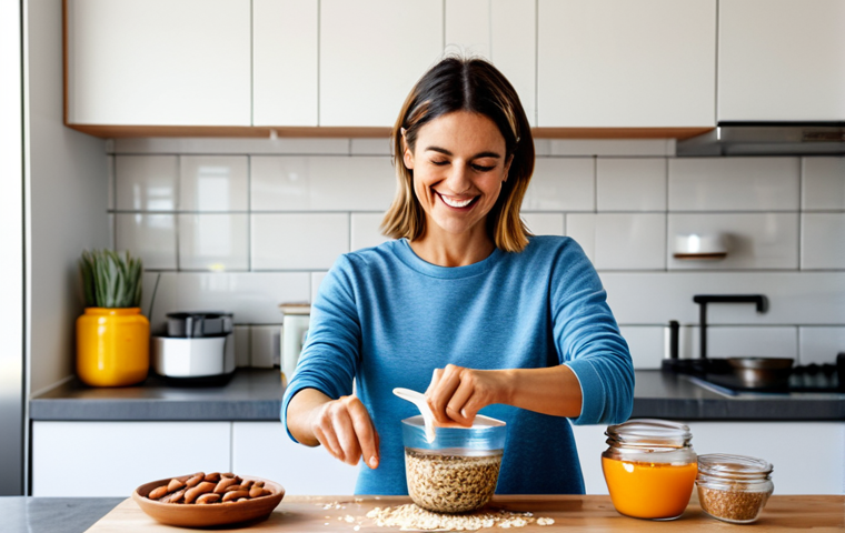 **

"A vibrant photo of a modern Spanish kitchen filled with natural light. A woman, fully clothed in comfortable and stylish athleisure wear, is smiling as she pours a fermented mixture into a mold for energy bars. Ingredients like oats, almonds, and chia seeds are visible.  Safe for work, appropriate content, fully clothed, family-friendly. Perfect anatomy, correct proportions, natural pose, well-formed hands, proper finger count, natural body proportions, professional photography, high quality, bright colors, depth of field."

**