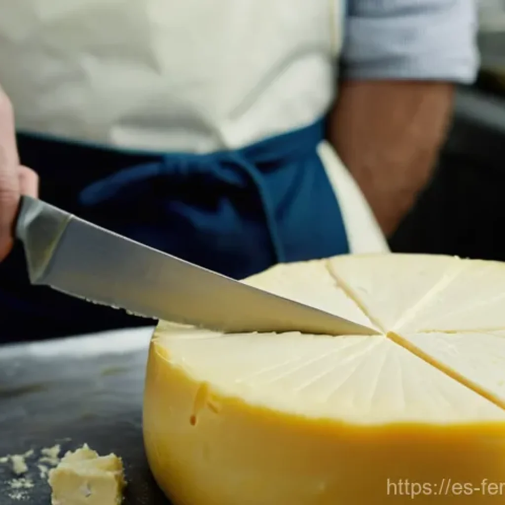 자가 발효 우유로 만드는 체다 치즈 - **Prompt:** A close-up shot of an artisan cheesemaker's hands, clean and careful, gently cutting a l...