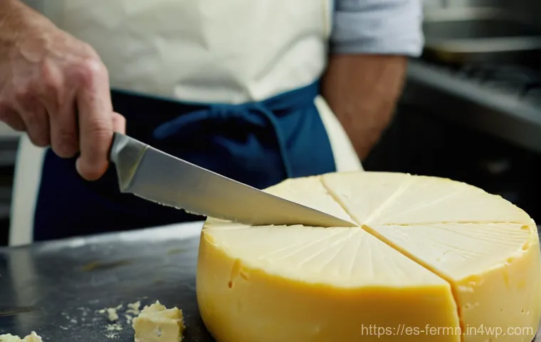 자가 발효 우유로 만드는 체다 치즈 - **Prompt:** A close-up shot of an artisan cheesemaker's hands, clean and careful, gently cutting a l...