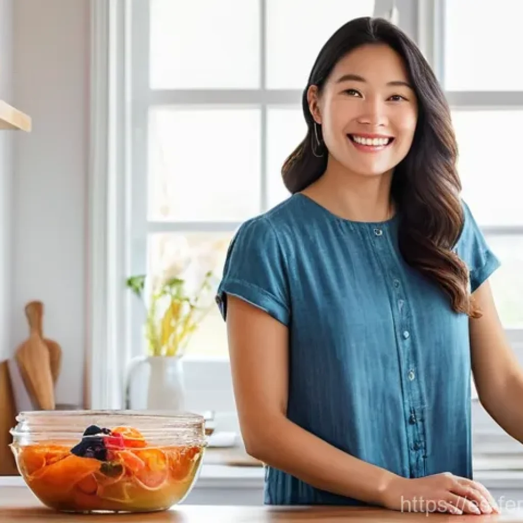 발효 식품의 영양 가치와 올바른 섭취법 - **Prompt:** A vibrant, sunlit kitchen scene. An adult woman, in her late 20s to early 30s, dressed i...