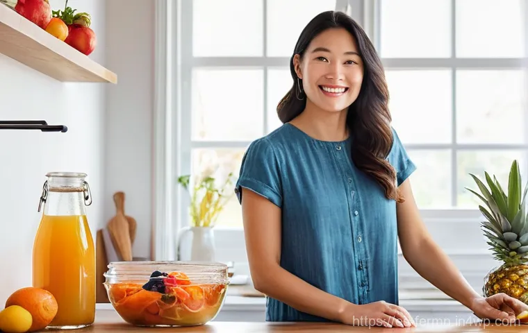 발효 식품의 영양 가치와 올바른 섭취법 - **Prompt:** A vibrant, sunlit kitchen scene. An adult woman, in her late 20s to early 30s, dressed i...