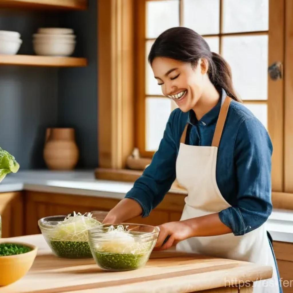 자가 발효로 만든 토핑 활용하기 - **Prompt:** A cheerful, young woman in a brightly lit, rustic kitchen. She is wearing a comfortable ...