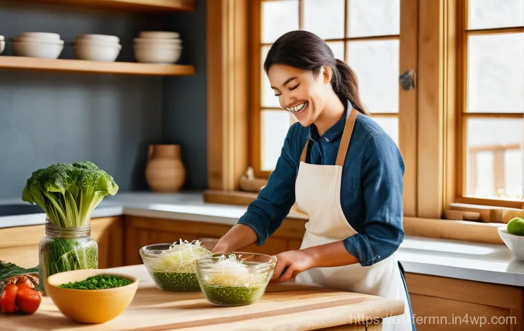 자가 발효로 만든 토핑 활용하기 - **Prompt:** A cheerful, young woman in a brightly lit, rustic kitchen. She is wearing a comfortable ...