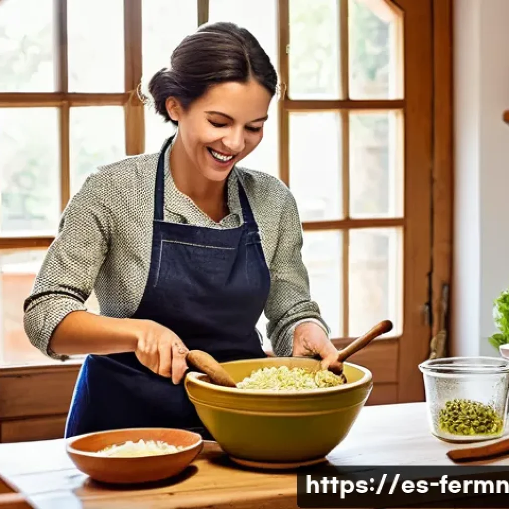 발효 식품의 역사와 현대적 해석 - **Joyful Home Fermentation in a Spanish Kitchen**
"A cheerful young woman, fully clothed in comf...