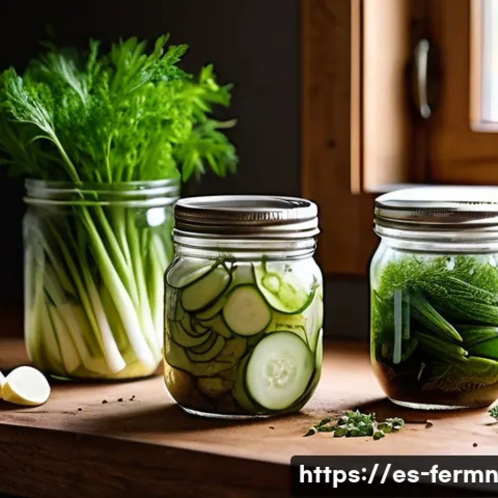 자가 발효로 만든 입맛 돋우는 장아찌 - A vibrant kitchen scene featuring fresh seasonal vegetables like cucumbers, carrots, cauliflower, an...