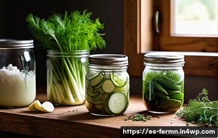 자가 발효로 만든 입맛 돋우는 장아찌 - A vibrant kitchen scene featuring fresh seasonal vegetables like cucumbers, carrots, cauliflower, an...