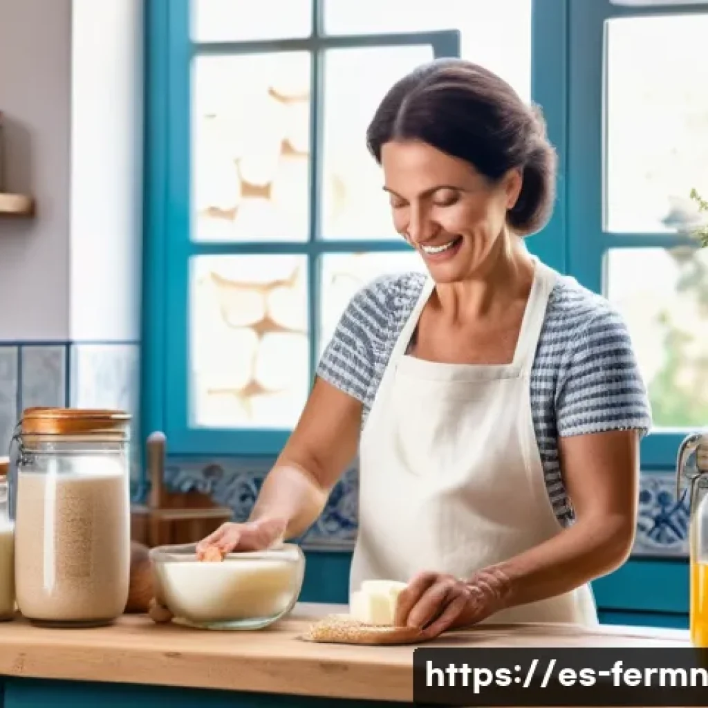 홈메이드 발효 식품으로 면역력 높이기 - A cozy, sunlit kitchen scene featuring a middle-aged Spanish woman joyfully preparing homemade kefir...