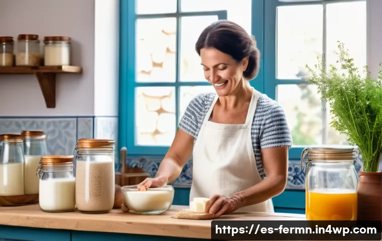 홈메이드 발효 식품으로 면역력 높이기 - A cozy, sunlit kitchen scene featuring a middle-aged Spanish woman joyfully preparing homemade kefir...