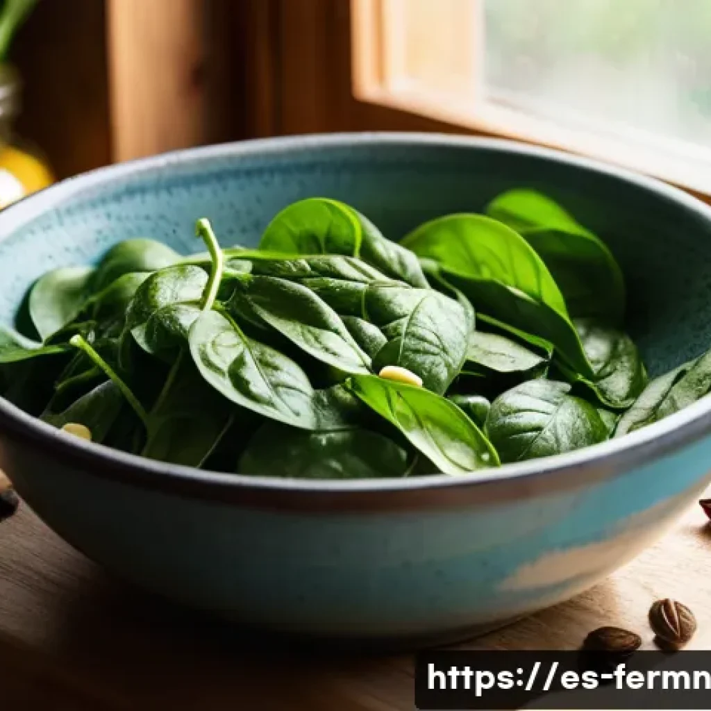 자가 발효로 만든 시금치 피클 - A bright, rustic kitchen scene showcasing fresh, organic spinach leaves being carefully washed in a ...