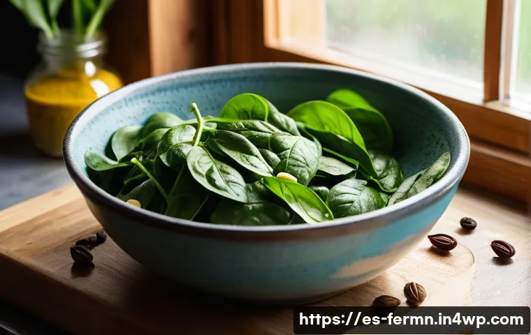 자가 발효로 만든 시금치 피클 - A bright, rustic kitchen scene showcasing fresh, organic spinach leaves being carefully washed in a ...