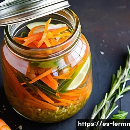 자가 발효로 만든 고기 양념장 - A vibrant close-up of a rustic glass jar filled with a homemade fermented marinade: finely chopped f...