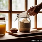 자가 발효 사우어도우 브레드 레시피 - A warm, cozy kitchen scene showing a Spanish baker gently feeding an active sourdough starter in a c...