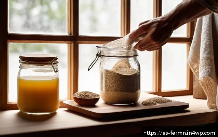 자가 발효 사우어도우 브레드 레시피 - A warm, cozy kitchen scene showing a Spanish baker gently feeding an active sourdough starter in a c...