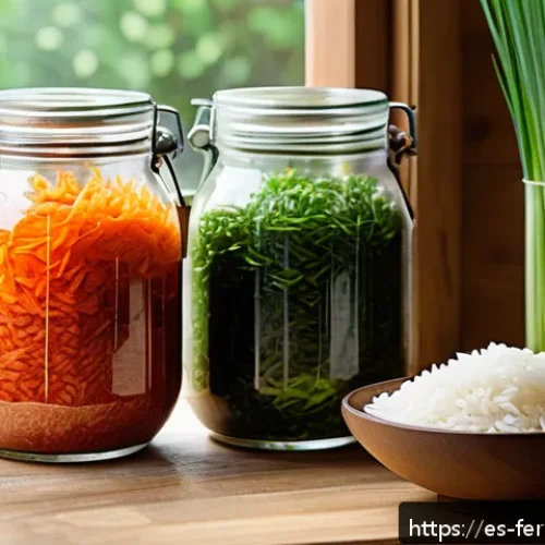 자가 발효로 만든 볶음밥 비법 - A vibrant kitchen scene showcasing the natural fermentation process of rice: a glass jar partially f...