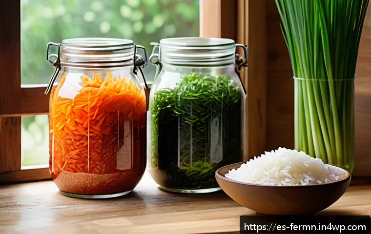 자가 발효로 만든 볶음밥 비법 - A vibrant kitchen scene showcasing the natural fermentation process of rice: a glass jar partially f...