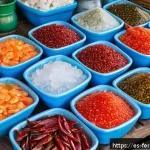 자가 발효로 만든 해산물 소스 - A vibrant, close-up image of fresh seafood ingredients for homemade fermented sauce, featuring firm-...