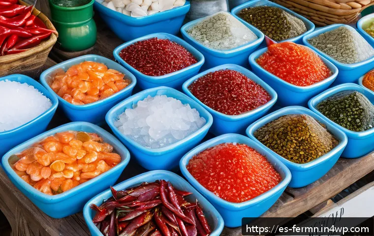 자가 발효로 만든 해산물 소스 - A vibrant, close-up image of fresh seafood ingredients for homemade fermented sauce, featuring firm-...