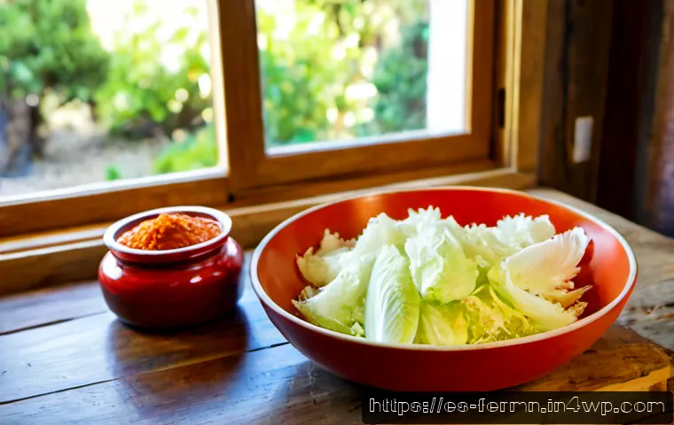 Home 17 자가 발효로 만드는 배추김치 레시피 - Photorealistic kitchen scene of naturally fermented napa cabbage kimchi preparation, a Spanish home ...