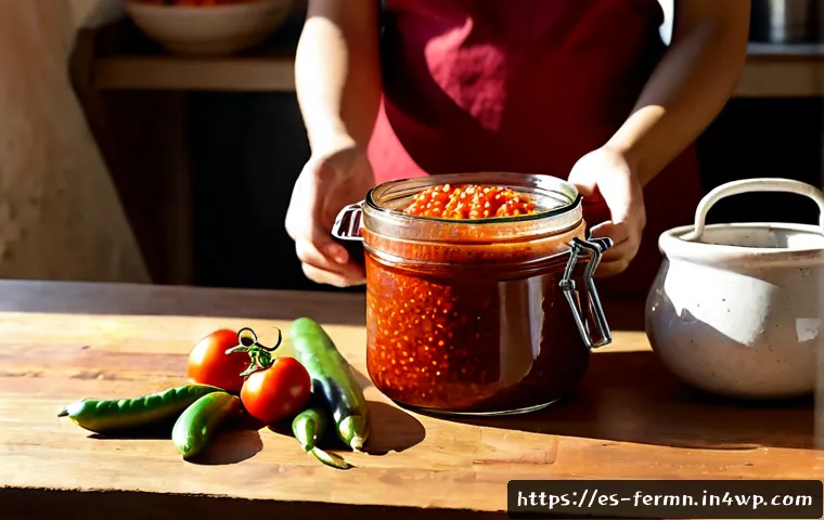 Home 13 자가 발효로 만드는 떡볶이 소스 - Photorealistic home kitchen scene of a Spanish-speaking family cook preparing naturally fermented sp...